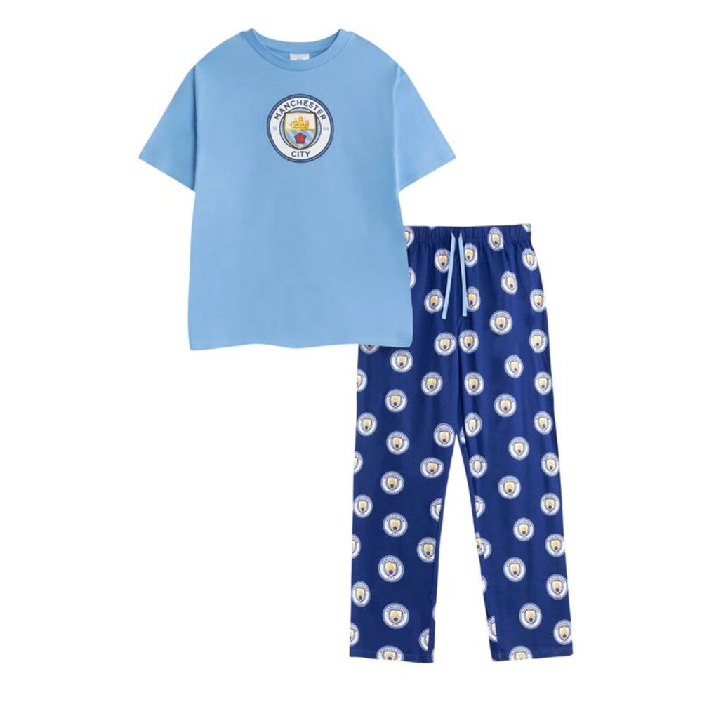 Manchester City FC Mens Crest Short-Sleeved Long Pyjama Set / Blue